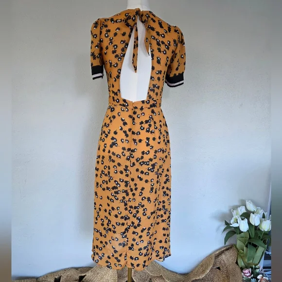 Saylor Mustard Floral Open Back Midi Dress Size Small Puff Sleeve Tie Back S - Picture 5 of 8
